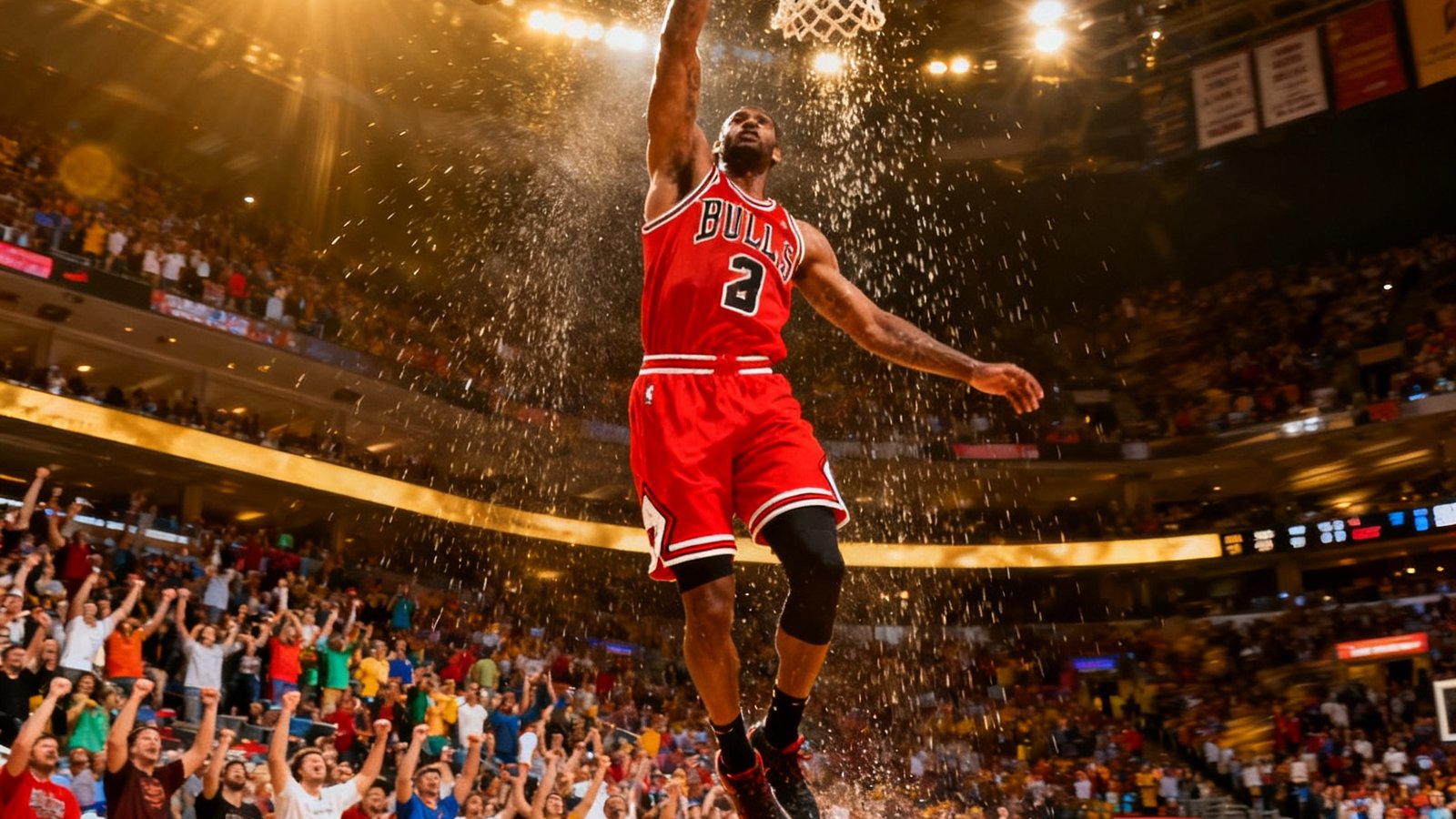 一名身穿红色主场球衣的NBA球员在万众瞩目中飞身扣篮，手臂完全伸展超过篮筐，球馆内灯光璀璨，数千名观众从座位上站起欢呼，汗水在空中飞溅