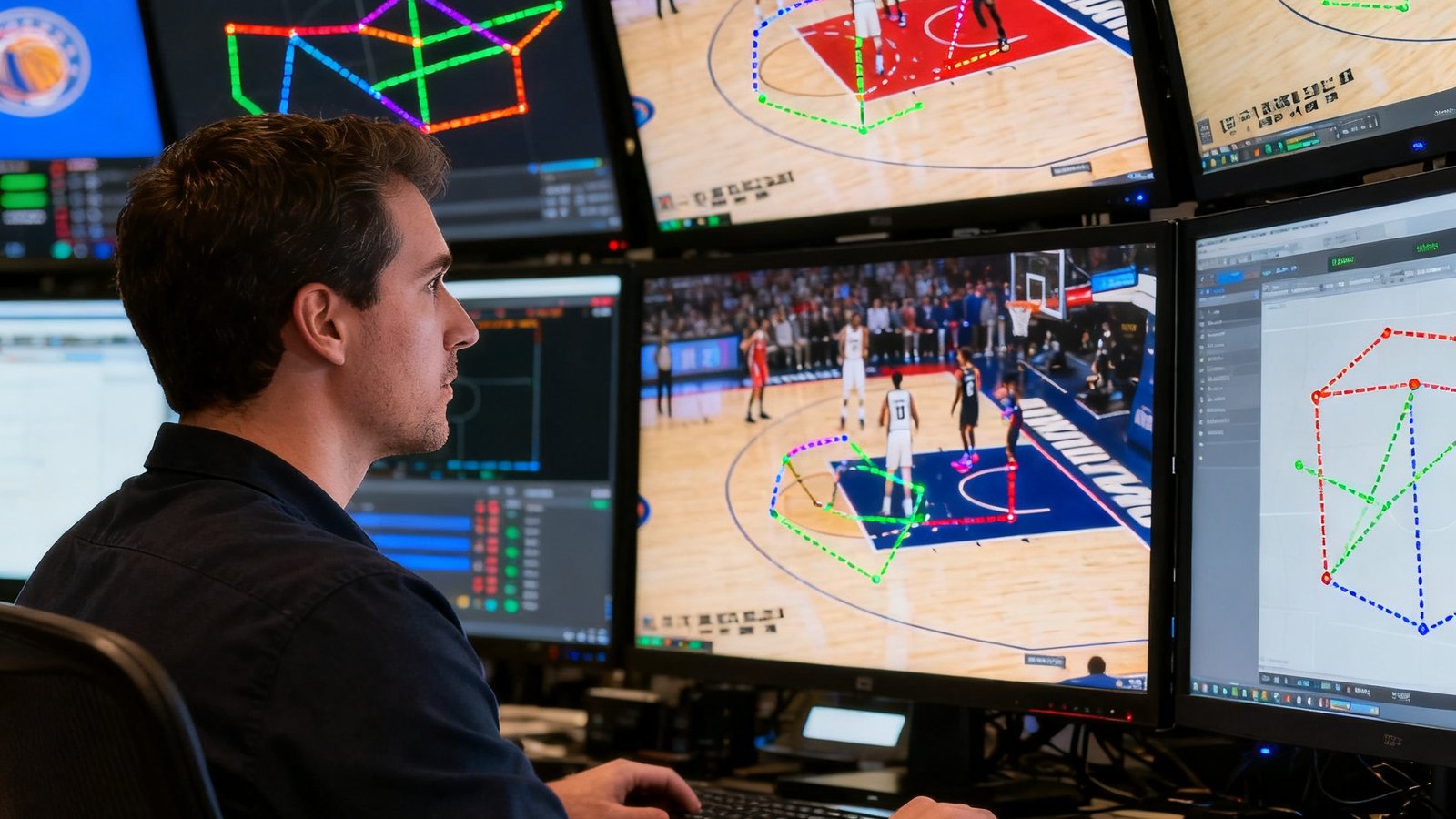 数据分析师坐在多屏幕工作台前，一帧帧分析NBA比赛录像，屏幕上标注着球员移动轨迹和战术路线