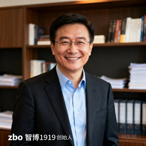 zbo智博1919创始人兼CEO刘建宏，前体坛周报资深编辑，穿着深色西装搭配浅蓝衬衫，面带自信微笑，背景为办公室书架